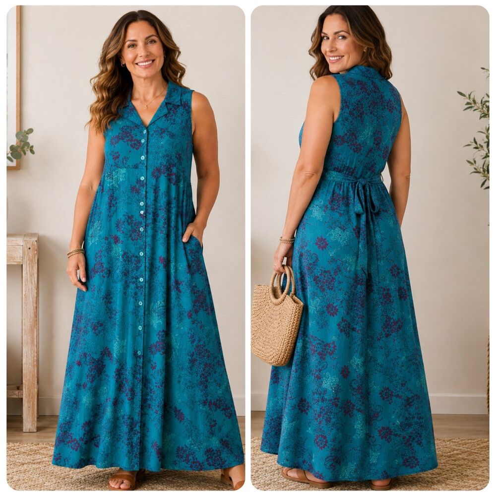 90's Erika Maxi Dress L Teal Floral Paisley Button Front Tie Collar Pockets Boho